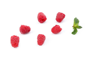 Wall Mural - fresh raspberry and mint on white background
