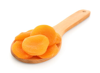 Wall Mural - wooden spoon with tasty dried apricots on white background