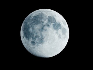 detailed close up of a grey and blue moon against a black background
