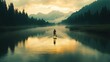 © Shobakh - Silhouette of a person paddleboarding on a calm river at sunrise.