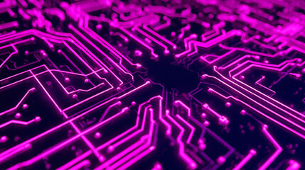 Close-up view of a glowing pink circuit board with intricate pathways and a central processor.
