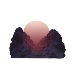 Wall Mural - Stone staircase winding between rugged mountains towards a gradient sky and large orb