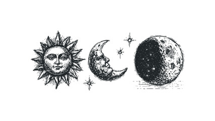 Wall Mural - Celestial Bodies of Sun, Crescent Moon, and Full Moon with Stars on White. Vector hand drawn illustration