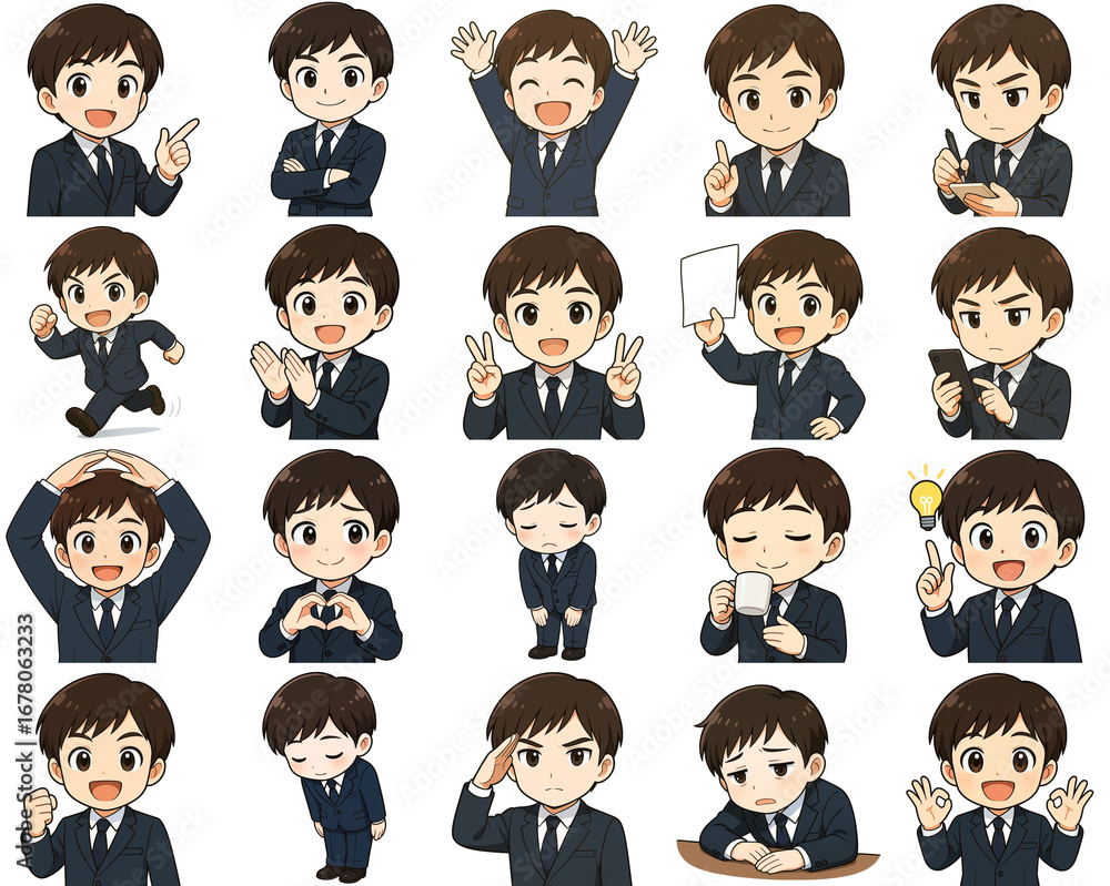 スーツ姿の男性キャラクターイラスト スーツ姿の男性キャラクターセット（アニメ風・ビジネスポーズ・表情