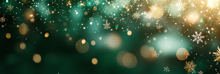 A festive background featuring snowflakes and bokeh lights on a green and teal gradient backdrop design