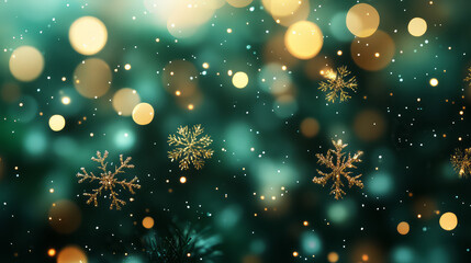 A festive background featuring bokeh lights and snowflakes against a teal green backdrop design element