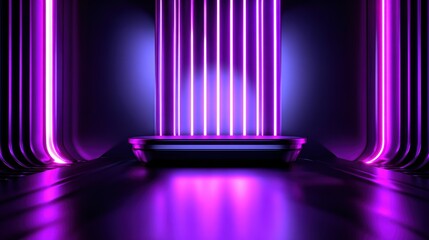 Wall Mural - futuristic neon-lit stage with purple and blue lighting, creating a vibrant atmosphere for performan