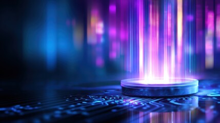 Wall Mural - futuristic digital landscape with vibrant light beams emerging from a circular platform on a circuit