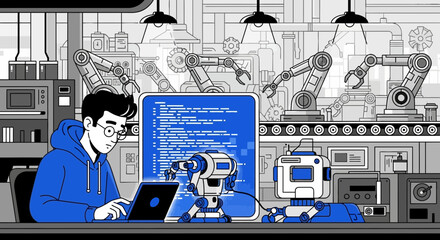 Modern Factory Automation: An Engineer Coding Robotics and Production Line