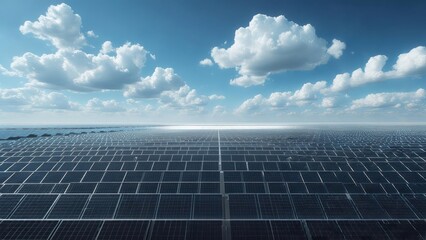 Vast solar panel array under a partly cloudy sky