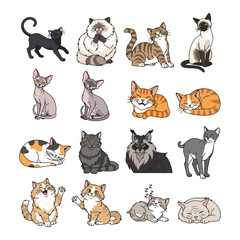  Collection of diverse cartoon cats in various poses and colors.