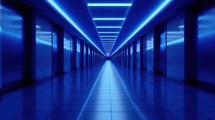 Wall Mural - futuristic blue hallway with glowing lights and reflective tiles, creating a surreal atmosphere