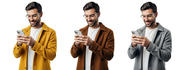 Collection of young handsome men wearing jacket, smiling and using smartphone. isolated on a white background or transparent