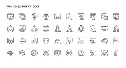 Collection of web development symbols arranged neatly on a white surface representing coding and website creation in a clean and minimalist style.