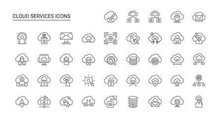 Cloud services line art symbols representing data storage and networking in a clean and modern style for technology solutions.