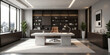 © panophotograph - Luxurious office with a marble desk, ergonomic leather chair, and refined shelving. Task lighting illuminates the desk, while soft overhead