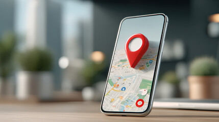 Smartphone with map and red location pin, navigation app interface, modern workspace background, technology and travel concept