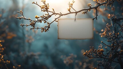 Wall Mural - a blank card hanging from an autumn tree branch
