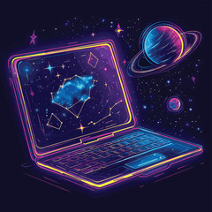 Abstract laptop with cosmic star constellations and planets floating around digital notebook with glowing space theme and neon lines vector illustration, vector style simple color
