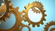 © dang - Abstract Golden Gears on Gradient Blue Background, Mechanical Concept in Modern Design