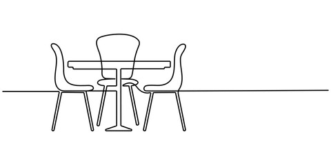 Garden chairs and table in continuous line art drawing style. Simple continuous line art. Classic style dining room furniture black linear sketch isolated on white background. Vector illustration