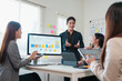 © PRIME STOCK LAB - Young professional team meeting with presentation screen showing charts and graphs, collaborative discussion and digital devices in modern office, upbeat atmosphere