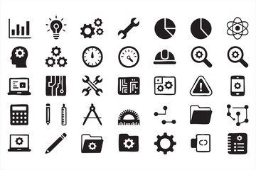 Engineering and technology icons vector set with gears tools and graphs