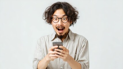 Asian Man using smartphone getting surprised