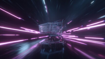 Wall Mural - glowing abstract shopping cart moving at light speed in neon lights