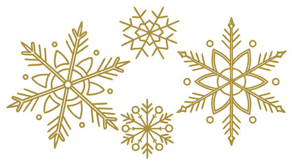 Elegant gold line art snowflakes arranged in a dynamic pattern on a clean white background