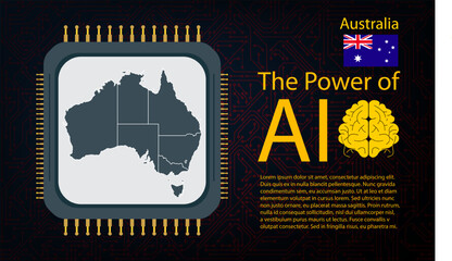 australia map with microchip war and AI concept on circuit board, Power of AI with country map. Global connectivity with big data.