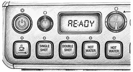 Stylized espresso machine interface with settings and ready display screen