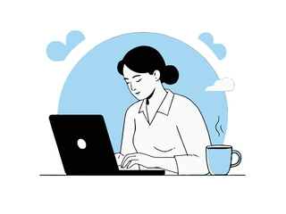 Vector art of woman working on laptop and drinking coffee