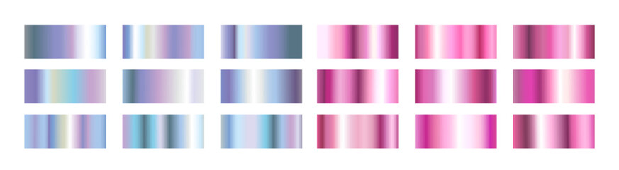 Metallic hologram frame collection with gradient transitions from pink to iridescent rainbow finishes for modern design. Rectangular borders with reflective surfaces and color shifting effects