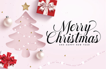 Wall Mural - Merry Christmas greeting card clipart. Wishing Merry Christmas and happy new year with pine tree paper cut, xmas lights, ball and gift box decoration elements clip art Christmas card poster design 