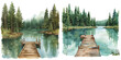© Dar - forest lake with wooden dock watercolor vector illustration