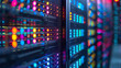 © DesignBee - Abstract Blurred View of Data Center Racks with Colorful Lights and Technical Equipment Systems.