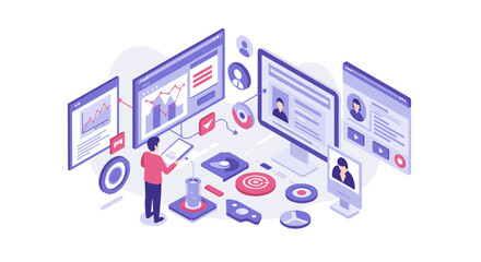 Modern business analytics with isometric digital dashboard for data insights