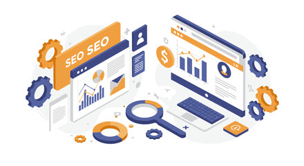 Digital marketing isometric design with seo analytics and data visualization