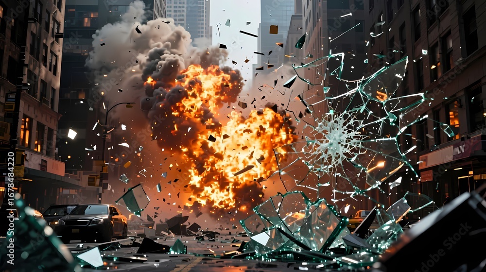 Downtown city burning after massive explosion shattered glass cinematic ...