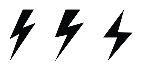 Black lightning vector icon set on white background. Different shapes black lightning icon. Thunderbolt logo icon on isolated white background. EPS 10. 