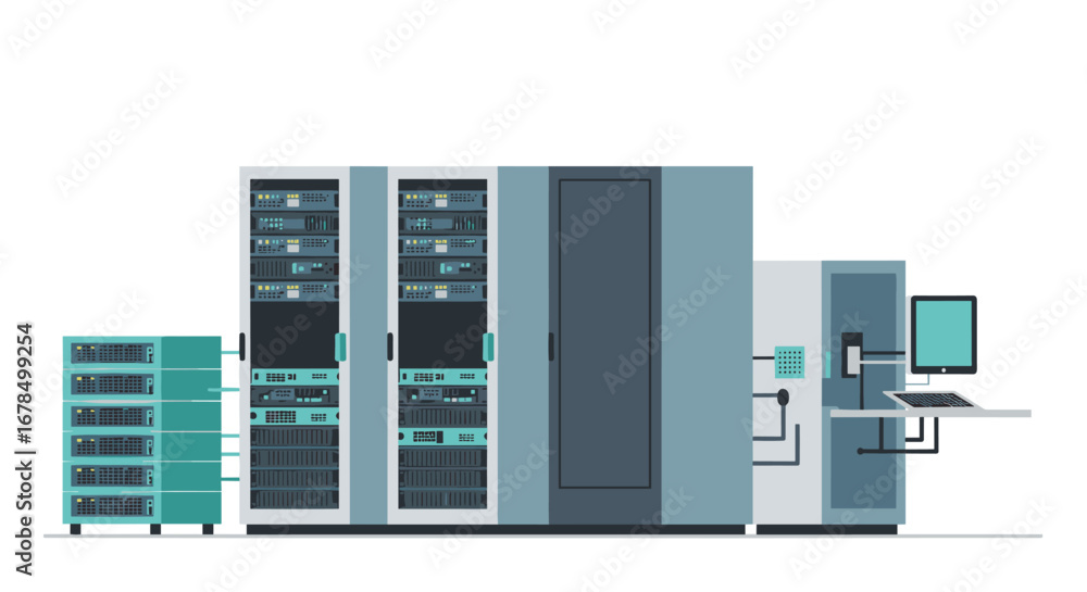 Modern data center with network servers and computer workstation