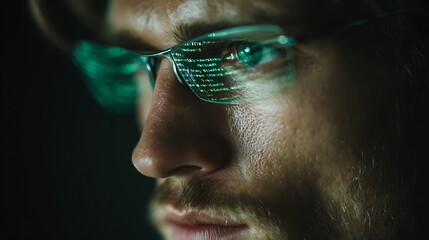 Close-up profile of a male programmer's glasses reflecting green computer code in a dark environment, symbolizing software development and cybersecurity