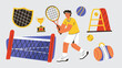 © Shams - US OPEN TENNIS 2025 Illustration of a tennis player with a racket near a net and other tennis equipment and a trophy cup silhouette