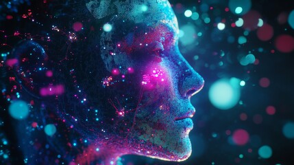Wall Mural - An ethereal portrait of a face illuminated by vibrant colors. Stars and dots create a dreamlike atmosphere. Explore the beauty of imagination. Generative AI