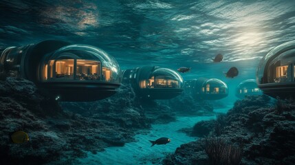 Wall Mural - explore a futuristic underwater city with stunning glass domes. experience marine life up close in t