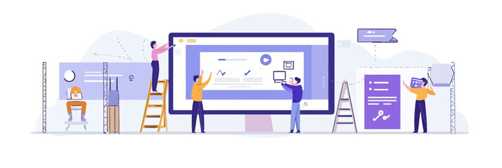 Team of developers collaborating on computer screen software update and website maintenance in flat minimalist vector style illustration