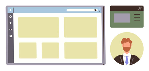 Browser window with menu, search bar, content blocks, pop-up card, and user portrait. Ideal for user interface design, navigation, user profile, website layout web design applications simple
