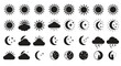 © Dieke - A comprehensive collection of sun, moon, and weather icons presented as clean, flat black silhouettes, perfect for graphic design and forecasting applications.