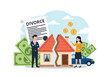 © meeblues - Vector illustration of a couple dividing property and assets during divorce, showing a split house, money, and car, symbolizing financial settlement, legal separation, and property division disputes